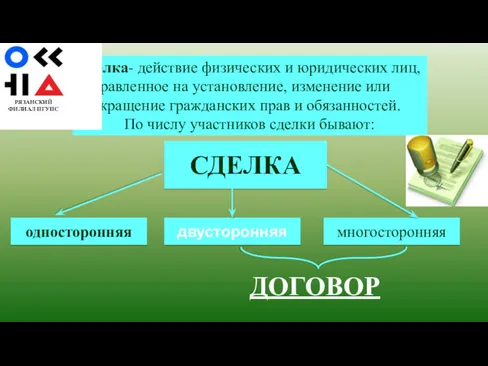 Сделка- действие физических и юридических лиц, направленное на установление, изменение