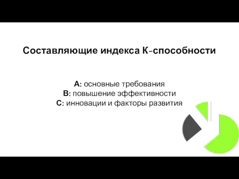 Составляющие индекса К-способности А: основные требования В: повышение эффективности С: инновации и факторы развития