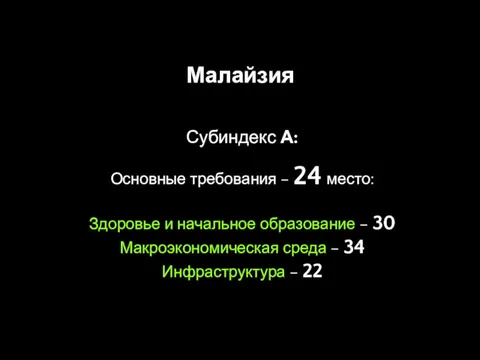 Малайзия Субиндекс А: Основные требования – 24 место: Здоровье и