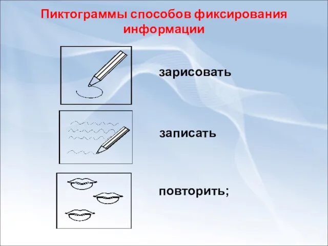 Пиктограммы способов фиксирования информации зарисовать записать повторить;