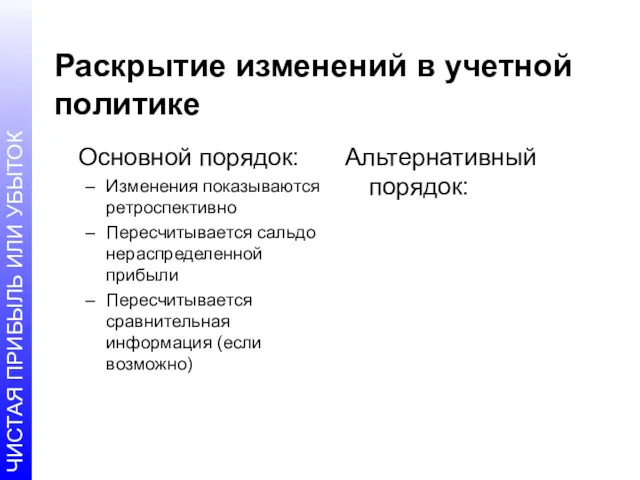 Раскрытие изменений в учетной политике Основной порядок: Изменения показываются ретроспективно