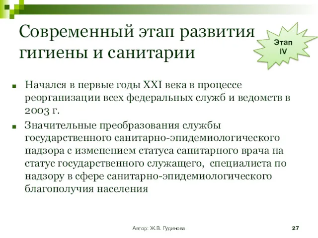 Автор: Ж.В. Гудинова Современный этап развития гигиены и санитарии Начался