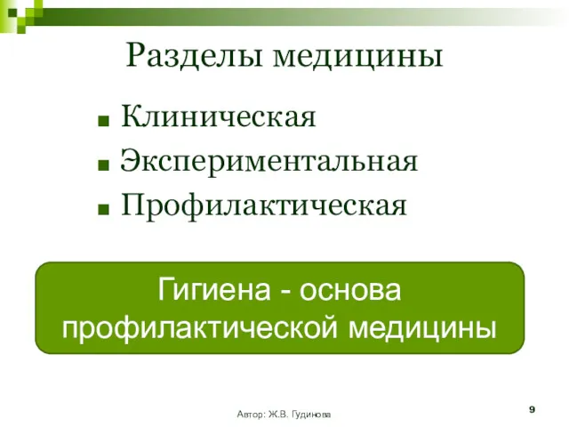 Автор: Ж.В. Гудинова Разделы медицины Клиническая Экспериментальная Профилактическая Гигиена - основа профилактической медицины