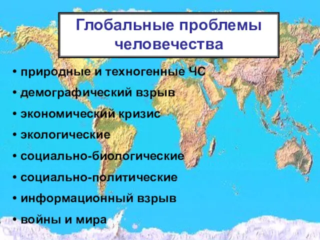 Глобальные проблемы человечества природные и техногенные ЧС демографический взрыв экономический