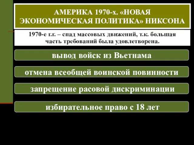 1970-е г.г. – спад массовых движений, т.к. большая часть требований была удовлетворена. АМЕРИКА