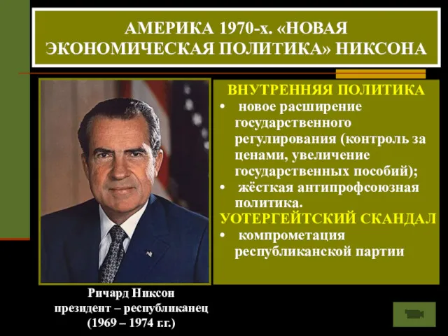 Ричард Никсон президент – республиканец (1969 – 1974 г.г.) АМЕРИКА 1970-х. «НОВАЯ ЭКОНОМИЧЕСКАЯ