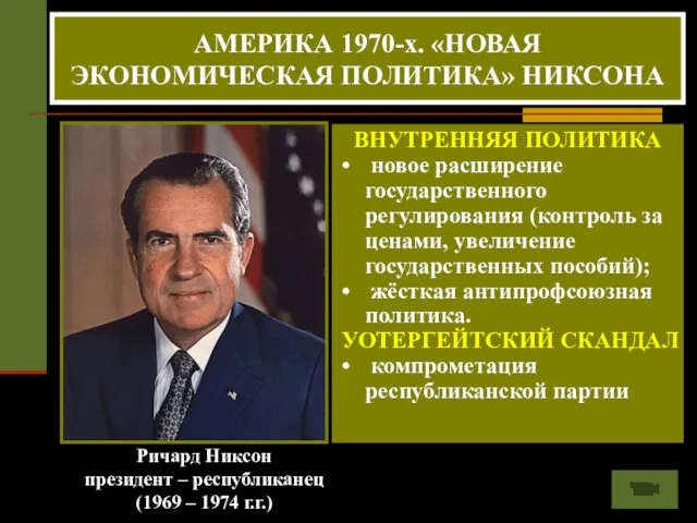 Ричард Никсон президент – республиканец (1969 – 1974 г.г.) АМЕРИКА