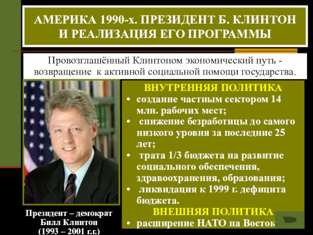 Президент – демократ Билл Клинтон (1993 – 2001 г.г.) Провозглашённый