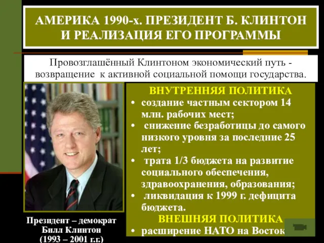 Президент – демократ Билл Клинтон (1993 – 2001 г.г.) Провозглашённый Клинтоном экономический путь