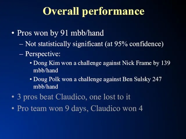 Overall performance Pros won by 91 mbb/hand Not statistically significant