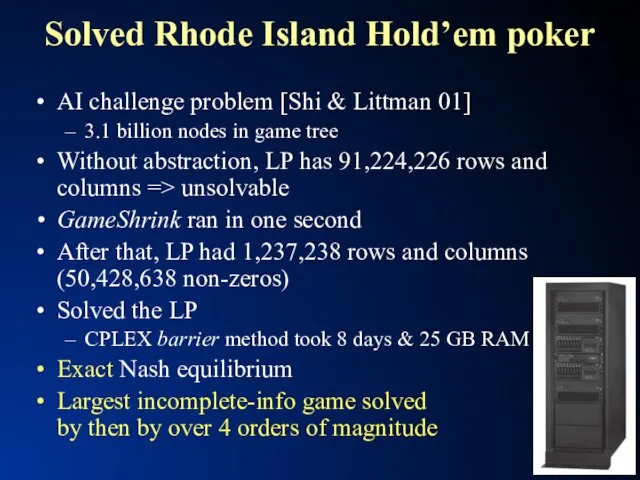 Solved Rhode Island Hold’em poker AI challenge problem [Shi &