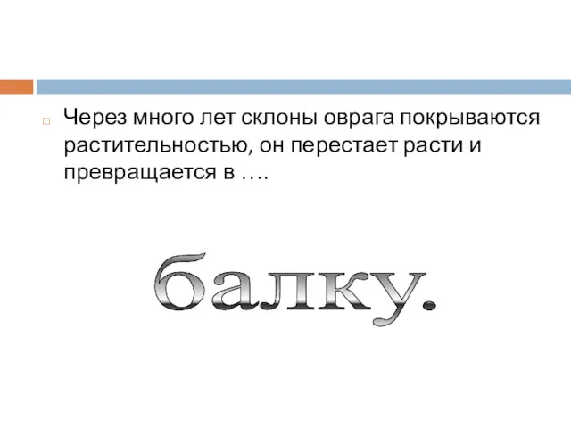 Через много лет склоны оврага покрываются растительностью, он перестает расти и превращается в …. балку.