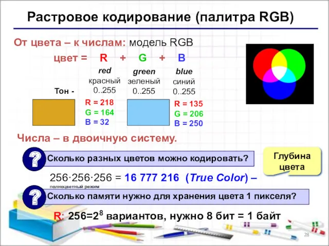 Глубина цвета Растровое кодирование (палитра RGB) От цвета – к