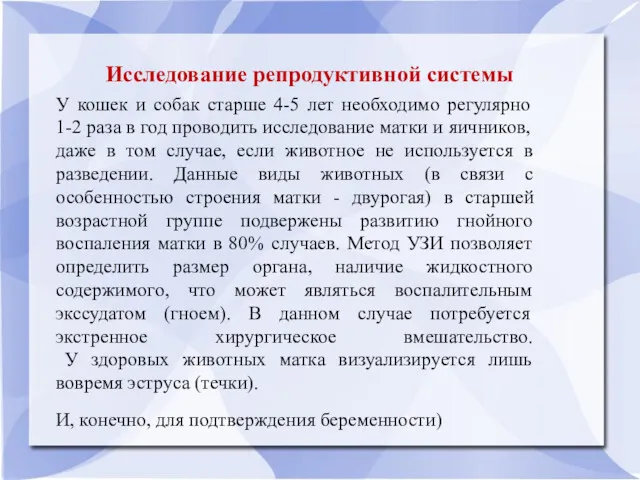 Исследование репродуктивной системы У кошек и собак старше 4-5 лет