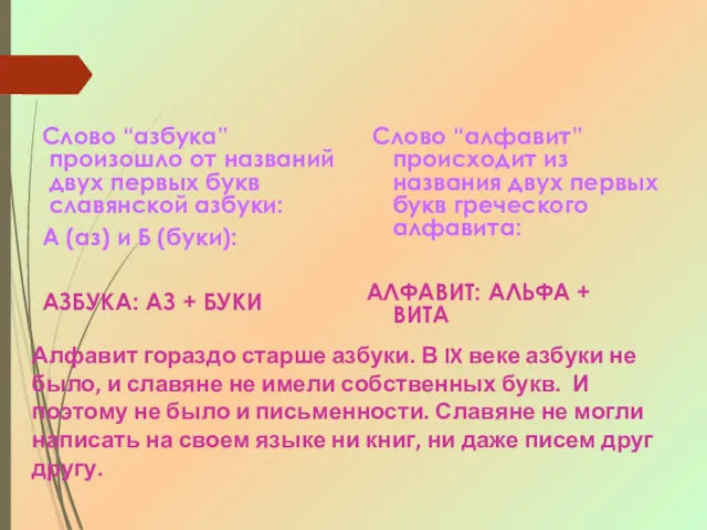 Слово “азбука” произошло от названий двух первых букв славянской азбуки: