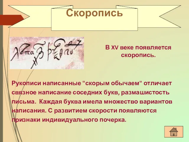 Скоропись В XV веке появляется скоропись. Рукописи написанные "скорым обычаем"