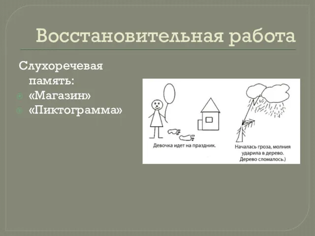 Восстановительная работа Слухоречевая память: «Магазин» «Пиктограмма»