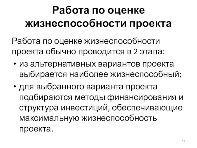 Работа по оценке жизнеспособности проекта Работа по оценке жизнеспособности проекта