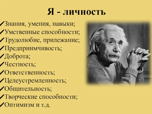 Знания, умения, навыки; Умственные способности; Трудолюбие, прилежание; Предприимчивость; Доброта; Честность;