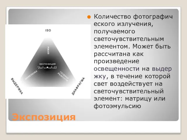 Экспозиция Количество фотографического излучения, получаемого светочувствительным элементом. Может быть рассчитана как произведение освещенности