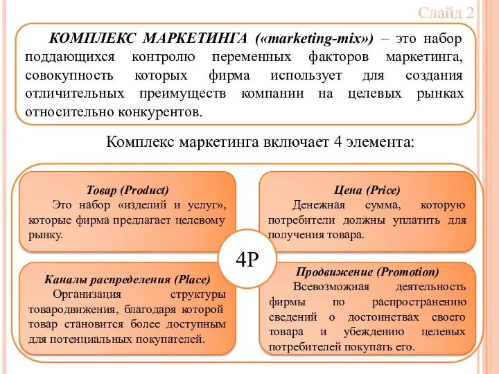 Комплекс маркетинга включает 4 элемента: КОМПЛЕКС МАРКЕТИНГА («marketing-mix») – это