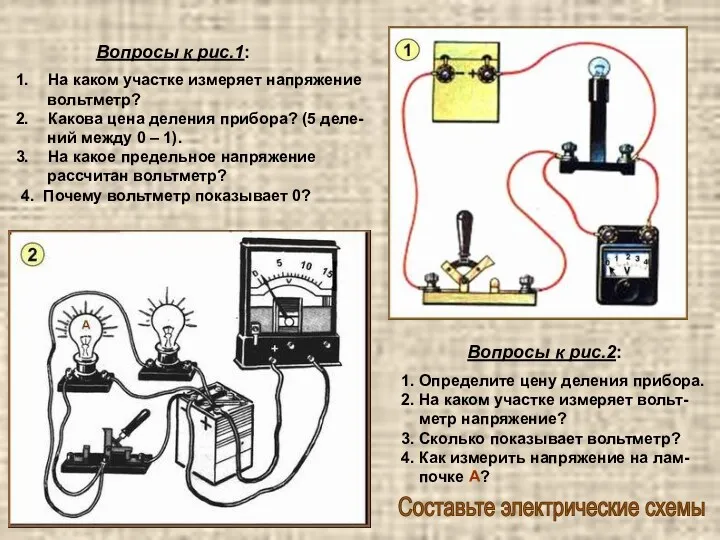 Вопросы к рис.1: На каком участке измеряет напряжение вольтметр? Какова