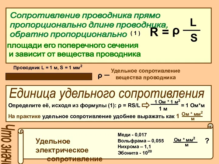 Сопротивление проводника прямо пропорционально длине проводника, обратно пропорционально площади его