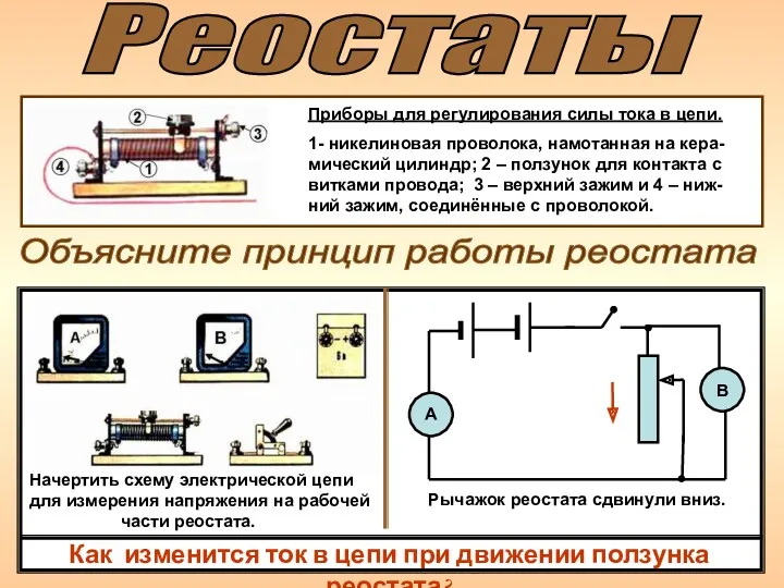 Реостаты Приборы для регулирования силы тока в цепи. 1- никелиновая