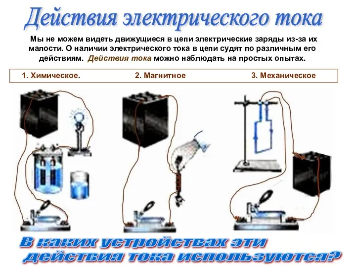 Действия электрического тока Мы не можем видеть движущиеся в цепи