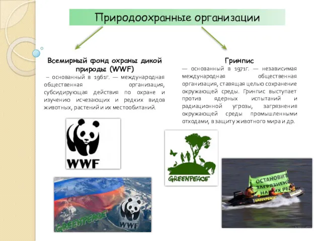 Природоохранные организации Всемирный фонд охраны дикой природы (WWF) – основанный в 1961г. —