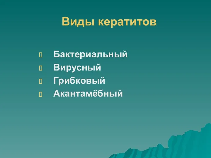 Виды кератитов Бактериальный Вирусный Грибковый Акантамёбный