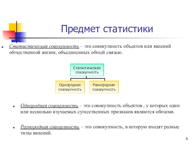 Предмет статистики Статистическая совокупность – это совокупность объектов или явлений