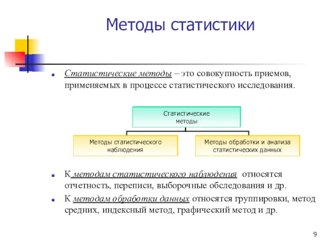 Методы статистики Статистические методы – это совокупность приемов, применяемых в