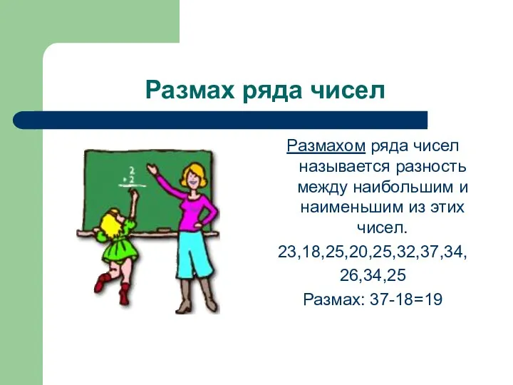 Размах ряда чисел Размахом ряда чисел называется разность между наибольшим