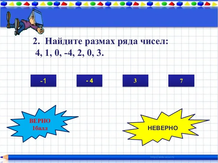 2. Найдите размах ряда чисел: 4, 1, 0, -4, 2,