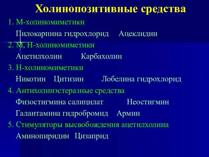 Холинопозитивные средства 1. М-холиномиметики Пилокарпина гидрохлорид Ацеклидин 2. М, Н-холиномиметики