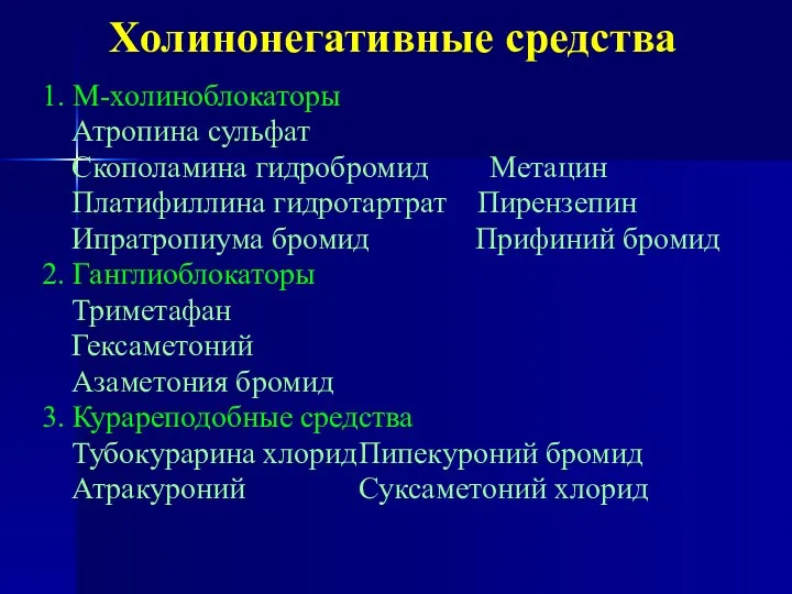 Холинонегативные средства 1. М-холиноблокаторы Атропина сульфат Скополамина гидробромид Метацин Платифиллина