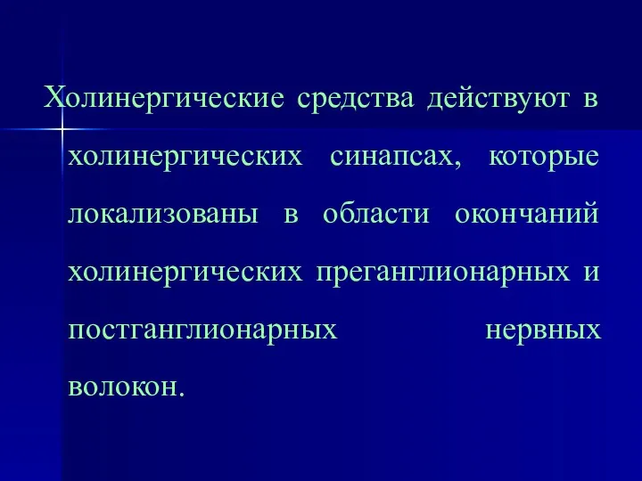 Холинергические средства действуют в холинергических синапсах, которые локализованы в области