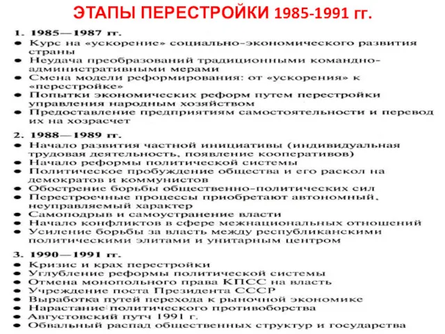 ЭТАПЫ ПЕРЕСТРОЙКИ 1985-1991 гг.
