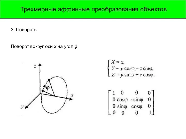 Трехмерные аффинные преобразования объектов . 3. Повороты Поворот вокруг оси x на угол ϕ