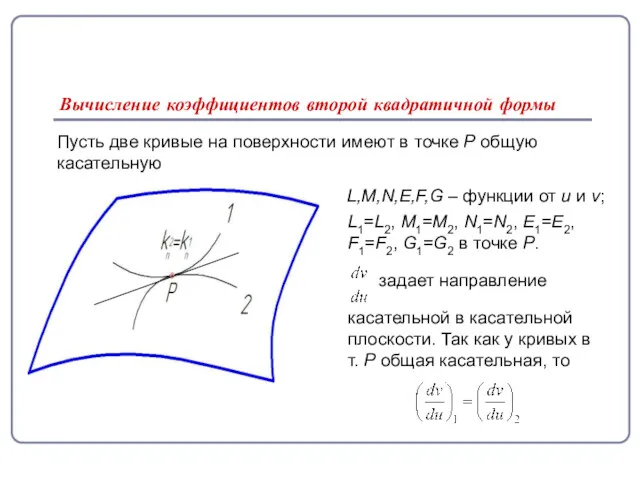 Вычисление коэффициентов второй квадратичной формы Пусть две кривые на поверхности имеют в точке