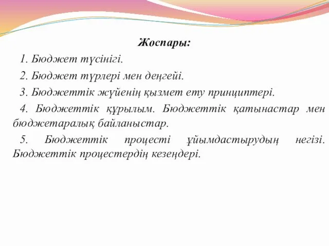 Жоспары: 1. Бюджет түсінігі. 2. Бюджет түрлері мен деңгейі. 3.