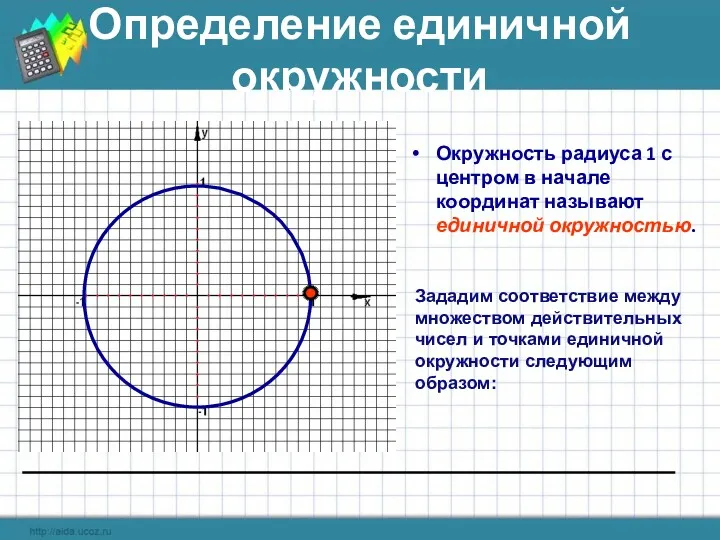 Определение единичной окружности Окружность радиуса 1 с центром в начале