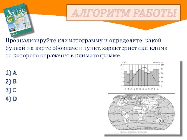 Проанализируйте кли­ма­то­грам­му и определите, какой бук­вой на карте обо­зна­чен пункт,