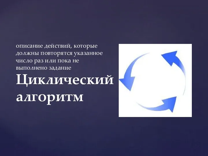 описание действий, которые должны повторятся указанное число раз или пока не выполнено задание Циклический алгоритм