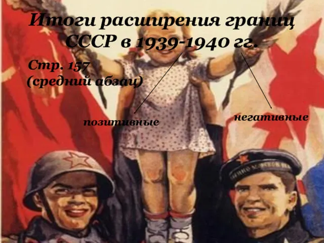 Итоги расширения границ СССР в 1939-1940 гг. Стр. 157 (средний абзац) негативные позитивные