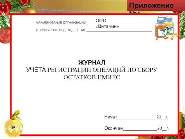 Приложение №6 НАИМЕНОВАНИЕ ОРГАНИЗАЦИИ__________________________________________ СТРУКТУРНОЕ ПОДРАЗДЕЛЕНИЕ___________________________________________ ЖУРНАЛ УЧЕТА РЕГИСТРАЦИИ ОПЕРАЦИЙ