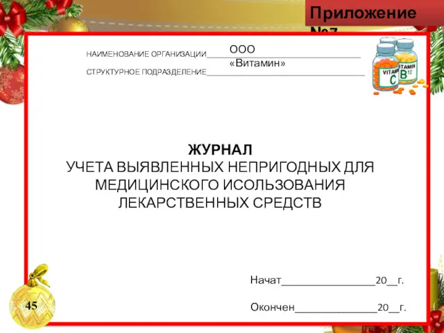 Приложение №7 НАИМЕНОВАНИЕ ОРГАНИЗАЦИИ__________________________________________ СТРУКТУРНОЕ ПОДРАЗДЕЛЕНИЕ___________________________________________ ЖУРНАЛ УЧЕТА ВЫЯВЛЕННЫХ НЕПРИГОДНЫХ