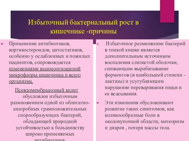 Избыточный бактериальный рост в кишечнике -причины Применение антибиотиков, кортикостероидов, цитостатиков,