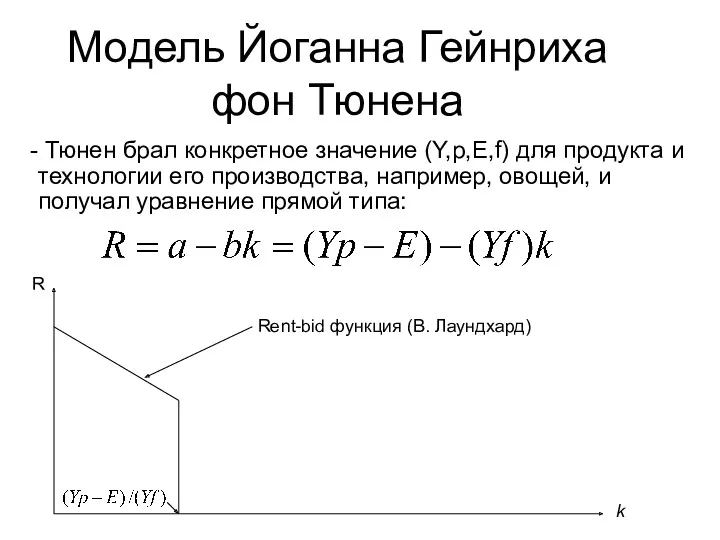 Модель Йоганна Гейнриха фон Тюнена Тюнен брал конкретное значение (Y,p,E,f)